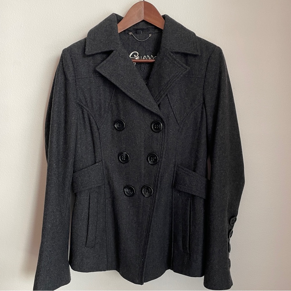 Guess Wool Peacoat L Double Breasted Jacket Grunge Dark Academia Parisian Y2K